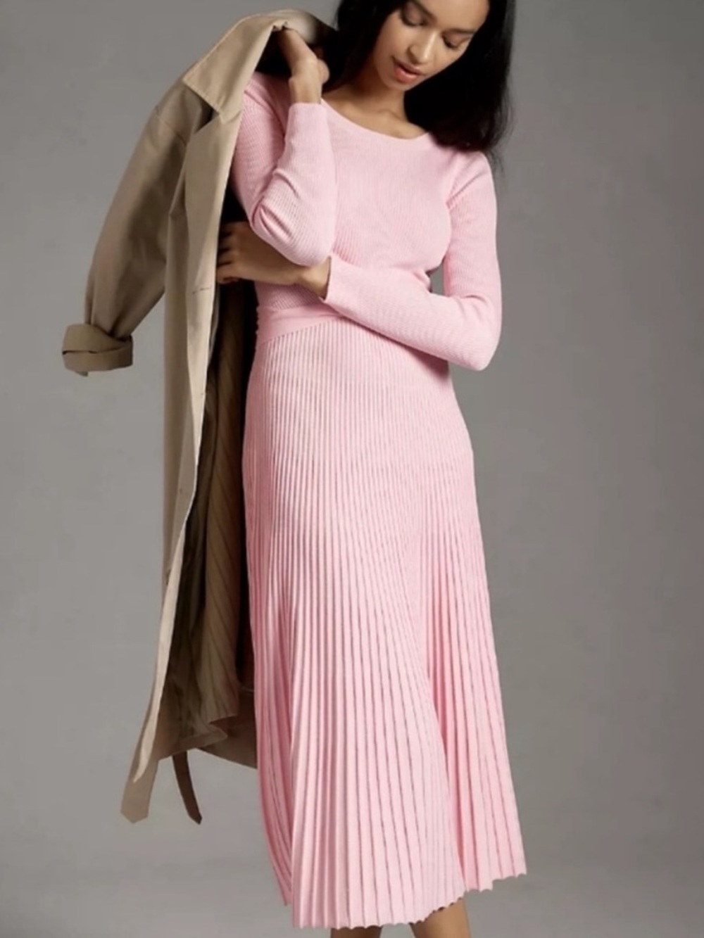 Anthropologie Pink Ribbed Pleated Midi Dress